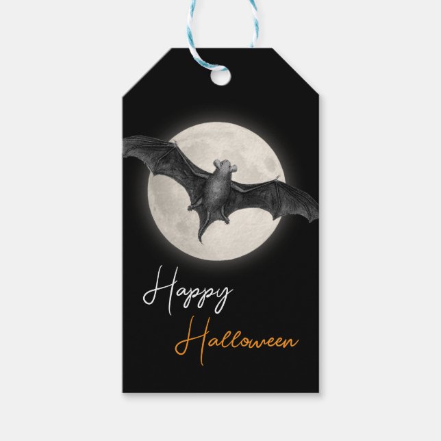 Måne och fladdermus Gott Halloween Presentetikett (Framsidan)