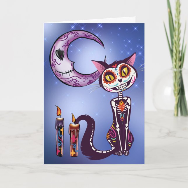 Måne och katt-döda-dagen Día de los Muertos Kort (Framsida)