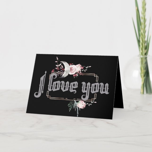 Måne och korpsvarta vattenfärgvalentin kort (Framsida)