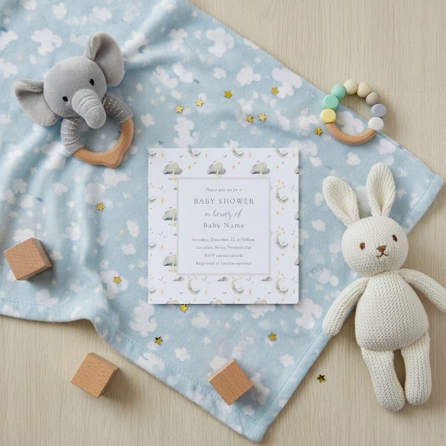 Måne och moln - inbjudan till dagdusch för barn (Moon and clouds unisex baby shower invitation.)