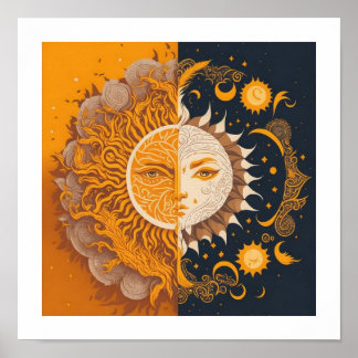 Måne och Sol , esoterisk, akstrologisk boho fläkt Poster