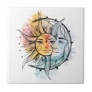 Måne och sol. tatuering av Vintage stil Kakelplatta