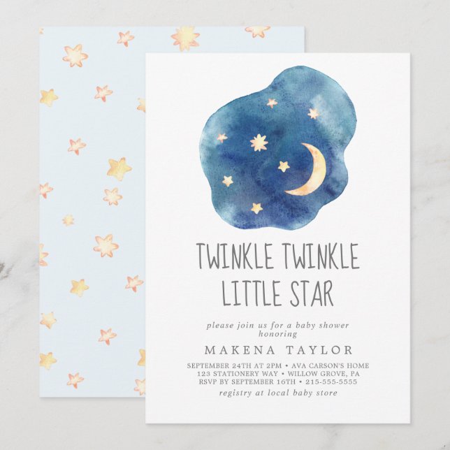 Måne och Stars Boy Twinkle Twinkle Little Star Inbjudningar (Fram/baksida)