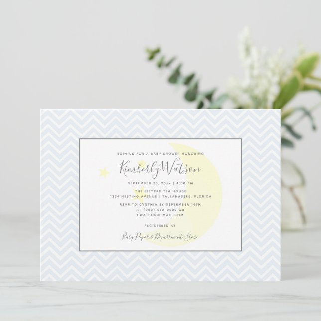 Måne och Stars Chevron Baby Shower | Blå Inbjudningar (Stående Fram)