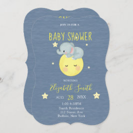 Måne och Stars Cute Elephant Blue Pojke Shower Inbjudningar
