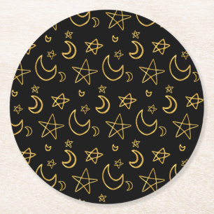 Måne och Stars Guld Mönster Underlägg Papper Rund