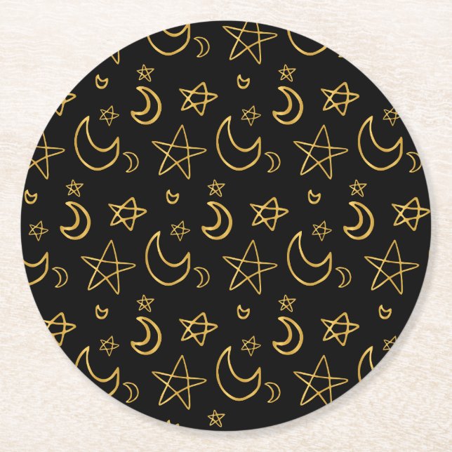 Måne och Stars Guld Mönster Underlägg Papper Rund (Framsidan)