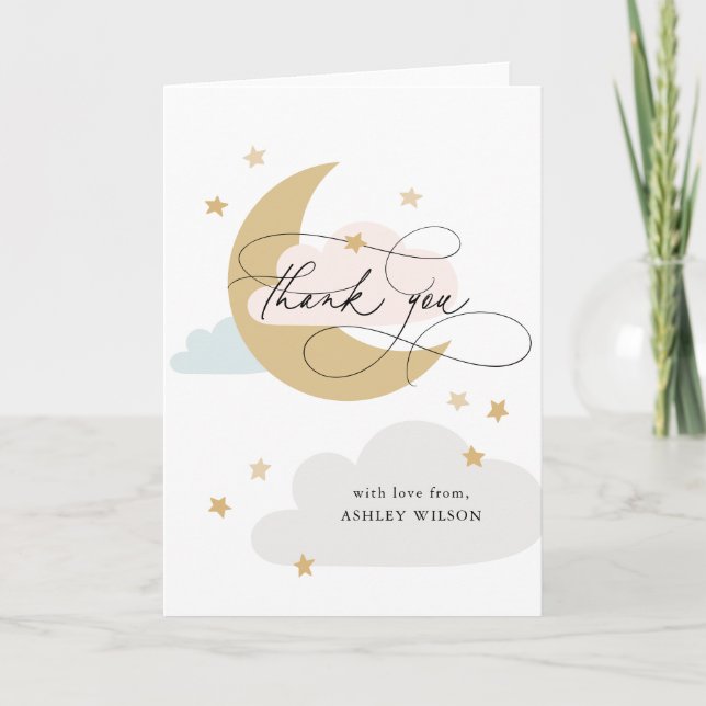 Måne och Stars Rosa Blue Script Baby Shower Tack Kort (Framsida)