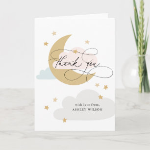 Måne och Stars Rosa Blue Script Baby Shower Tack Kort