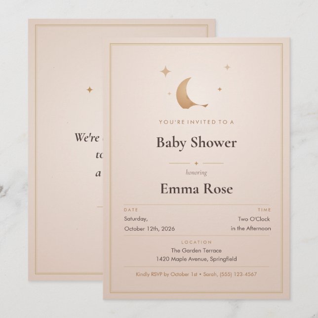 Måne och stjärnor Baby Shower Inbjudan, Blush (Fram/baksida)