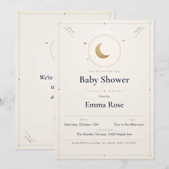 Måne och stjärnor baby shower inbjudan, Guld (Fram/baksida)