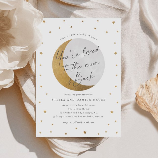 Måne och stjärnor Baby Shower Inbjudningar (Elegant Script Gold Moon and Stars Gender Neutral Baby SHower Invitations.)