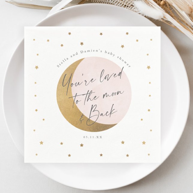 Måne och stjärnor baby shower pappersservett (Elegant Gold Moon and Stars Script Pink Girls Baby Shower Napkin.)