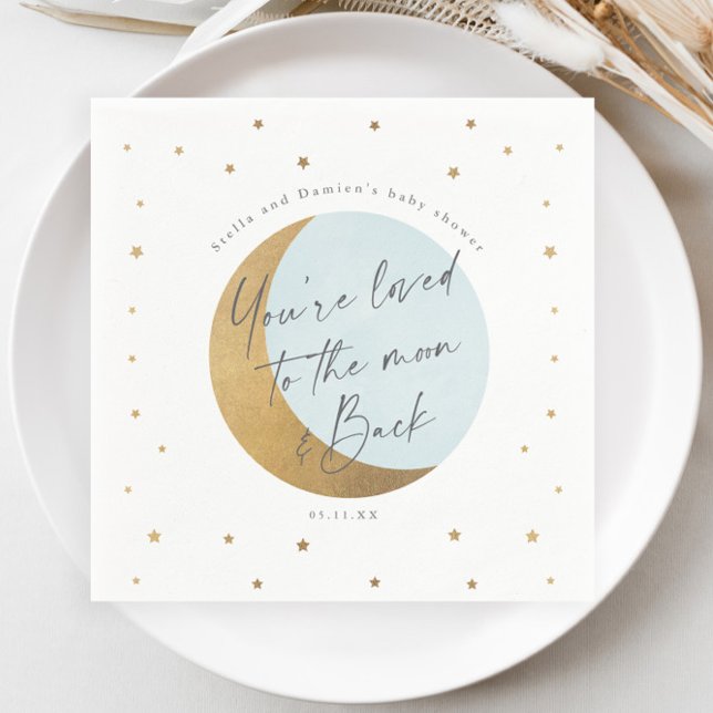 Måne och stjärnor baby shower pappersservett (Elegant Gold Moon and Stars Script Blue Boys Baby Shower Napkin.)
