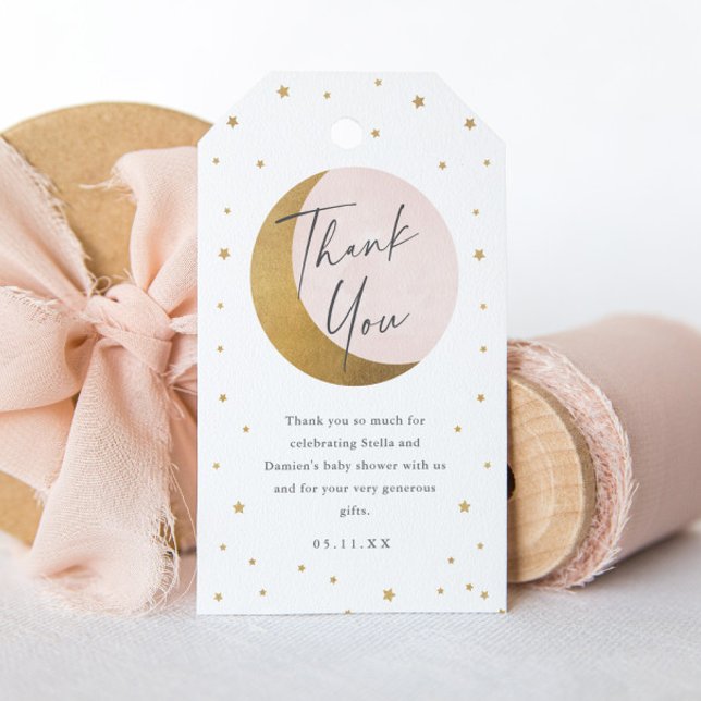 Måne och stjärnor baby shower tack presentetikett (Elegant Gold Moon and Stars Script Pink Baby Shower Thank You Favor Tag.)