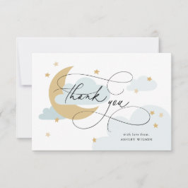 Måne och stjärnor Blå Script Baby Shower Tack Kort