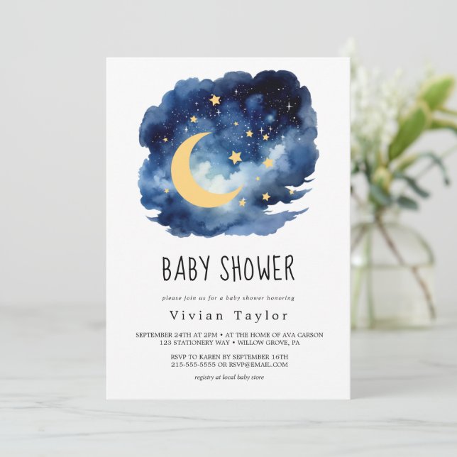 Måne och stjärnor | Boy Baby Shower-inbjudan Inbjudningar (Stående Fram)
