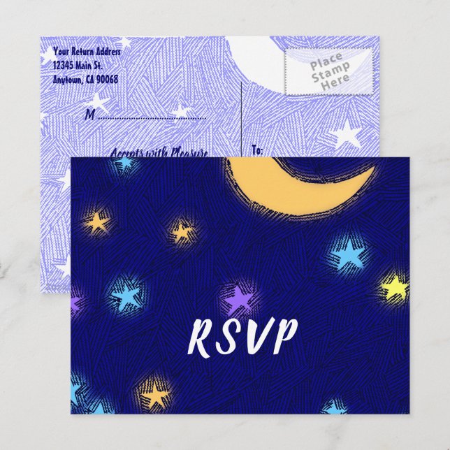 Måne och stjärnor etsning Anpassad fest RSVP vykor Vykort (Fram/baksida)