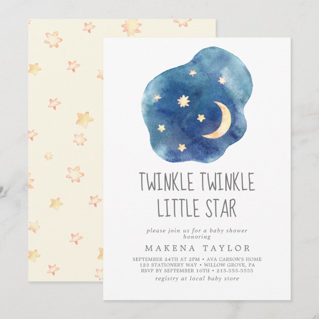 Måne och stjärnor Könsneutral Twinkle Twinkle Inbjudningar (Fram/baksida)
