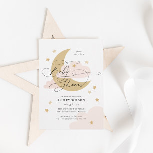 Måne och stjärnor Matt rosa skrivstil Baby Shower Inbjudningar