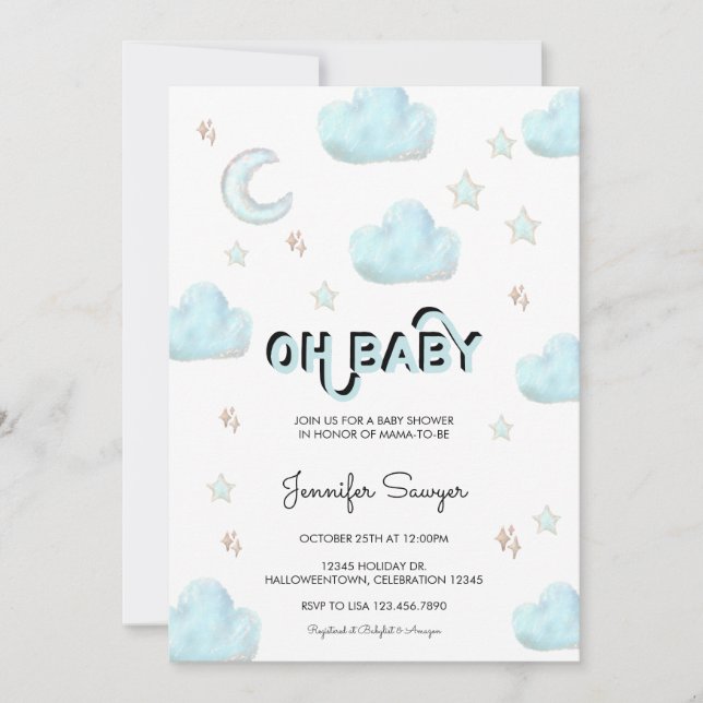 Måne och stjärnor | Modern akvarell baby shower  Inbjudningar (Framsida)