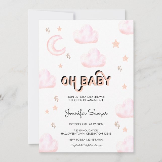 Måne och stjärnor | Modern akvarell baby shower  Inbjudningar (Framsida)