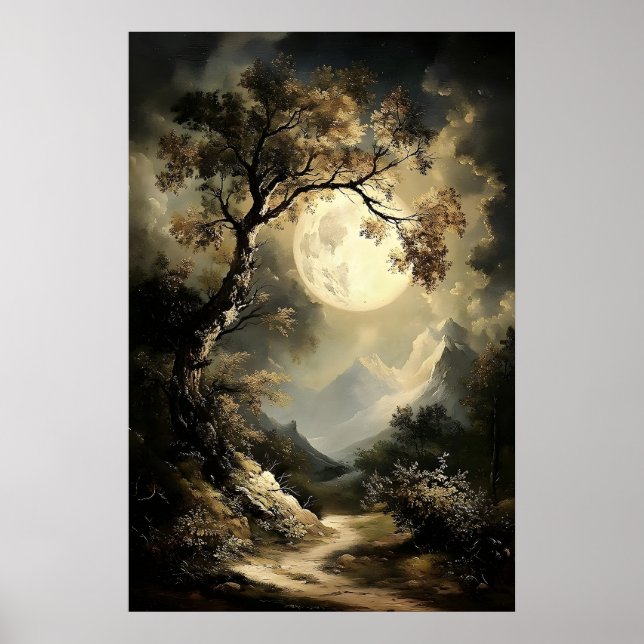 Måne Och Stjärnor Natt I Skogen, Mörk Akademik Poster (Framsidan)
