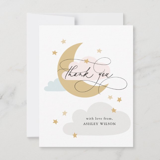 Måne och stjärnor Rosa Blue Script Baby Shower Tack Kort (Framsida)