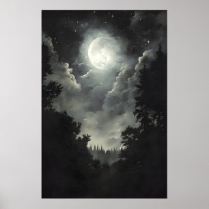 Måne och stjärnor Skogsutskrift, Mörk akademisk go Poster