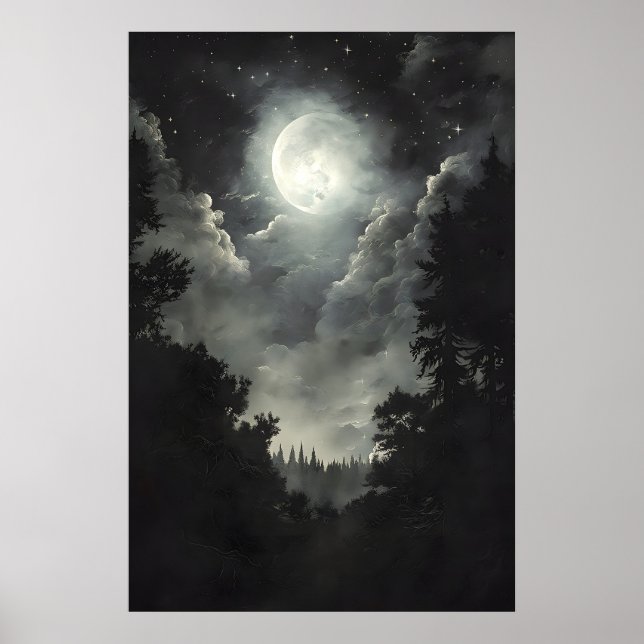 Måne och stjärnor Skogsutskrift, Mörk akademisk go Poster (Framsidan)