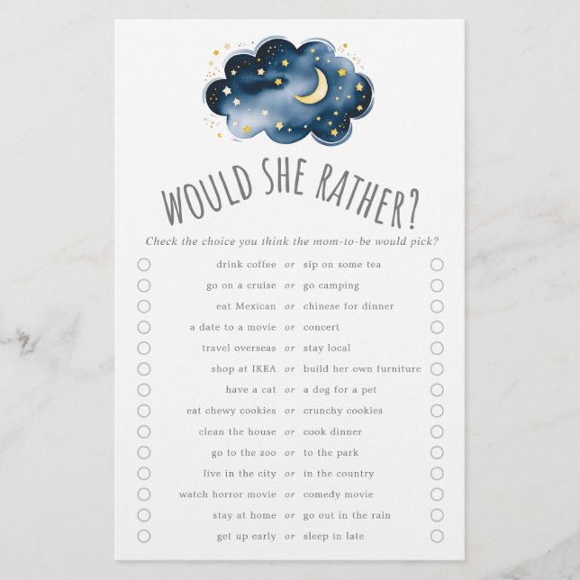 Måne och stjärnor skulle hon hellre triviera spel flygblad (Framsidan)