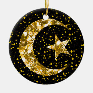 Måne och stjärnstjärnan glatt guld julgransprydnad keramik