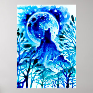 Måne över bergen och skogen poster