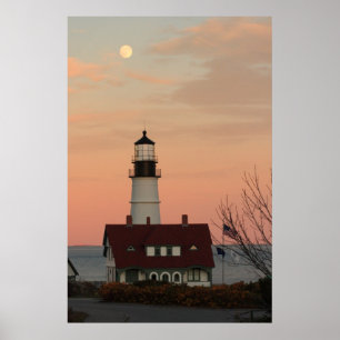 Måne över Portland den Head fyren Poster