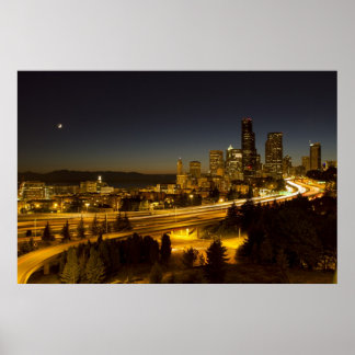 Måne Över Seattle, huvudstaden Skyline Poster