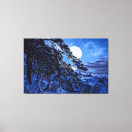 Måne över snöfir träd och havs kusten nattetid canvastryck