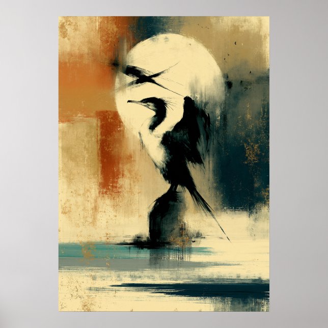 Måne Perikan Japansk Sumi-E Abstrakt Pelikanvägg Poster (Framsidan)