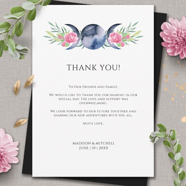 Måne Phase Rosa Blommigt  Metaphysical Bröllop Tack Kort (Skapare uppladdad)