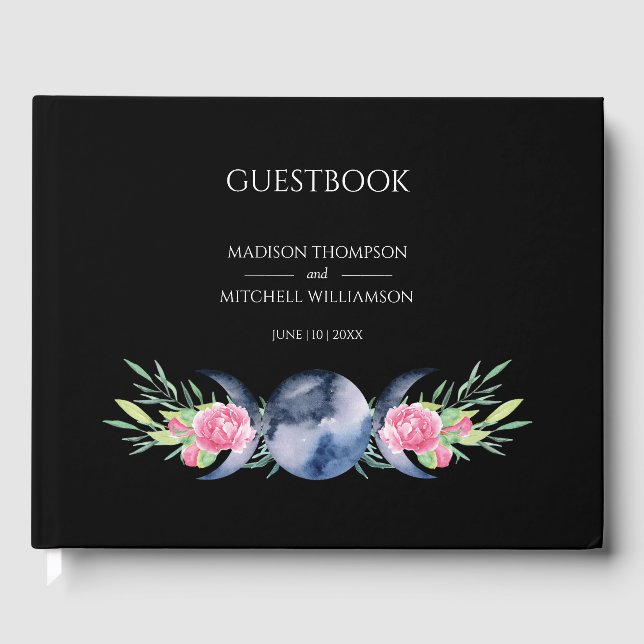 Måne Phase Rosa ros Blommigt  Metaphysisk Bröllop Gästböcker (Framsida)
