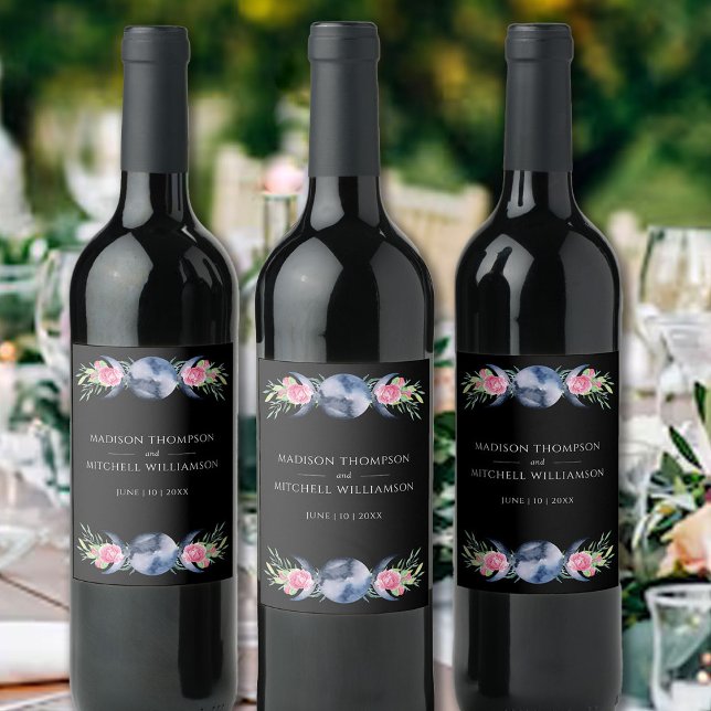 Måne Phase Rosa ros Blommigt  Metaphysisk Bröllop Vinflaska Etikett (Skapare uppladdad)