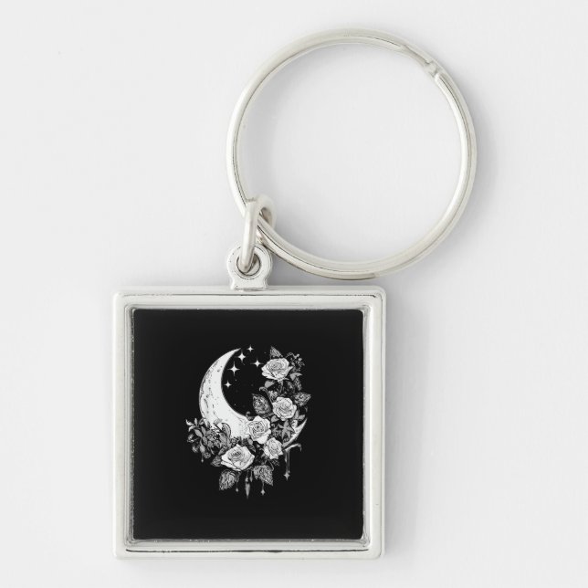 Måne Ro - Romantic Goth - Whimsigoth Witchy Wit Fyrkantig Silverfärgad Nyckelring (Framsidan)