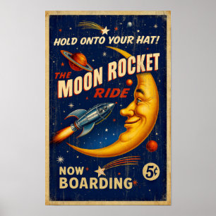 Måne Rocket Ride Vintage affisch - retro sci-fi