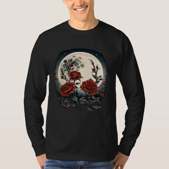 Måne Röda Rosor Blommor Blommig Botaniker Trädgård T Shirt (Framsida)