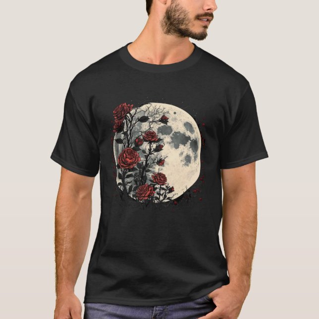Måne Röda Rosor Blommor Blommig Botaniker Trädgård T Shirt (Framsida)