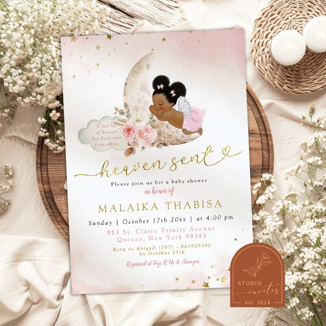 Måne Rosa Boho Afro African Girl Angel Baby Shower Inbjudningar (Skapare uppladdad)