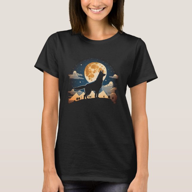 Måne Shiba Inu Howling Hund Silhouette Halloween T Shirt (Framsida)