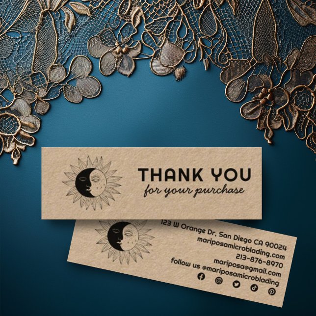 Måne & Sol Elegant Customer Tack Kraft Mini Visitkort (Kraft mini thank you for your order business cards to include with customer orders. Social icons sun)