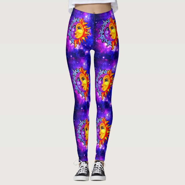 Måne/sol för galaxdamaskervattenfärg leggings (Framsida)