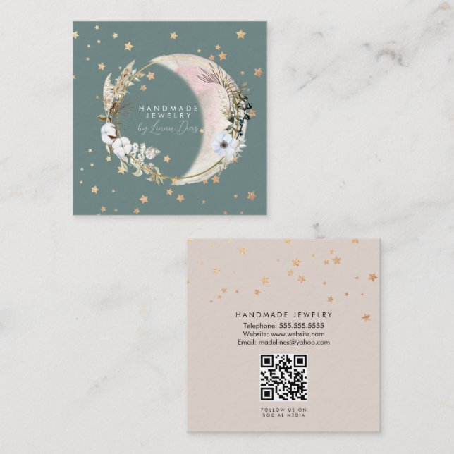 Måne Star Handmade Jewelry Artist Faux Guld E Fyrkantigt Visitkort (Fram/baksida)