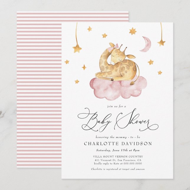 Måne & Stars Animal Giraffe Rosa Girl Baby Shower Inbjudningar (Fram/baksida)